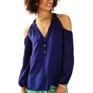 New Lilly Pulitzer Silk Elsa Top Navy Blue Sunny Shoulder Women’s Size Large